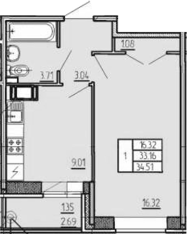 1-комнатная квартира 34.51 м², 5/20 эт., ЖК «Стороны Света»